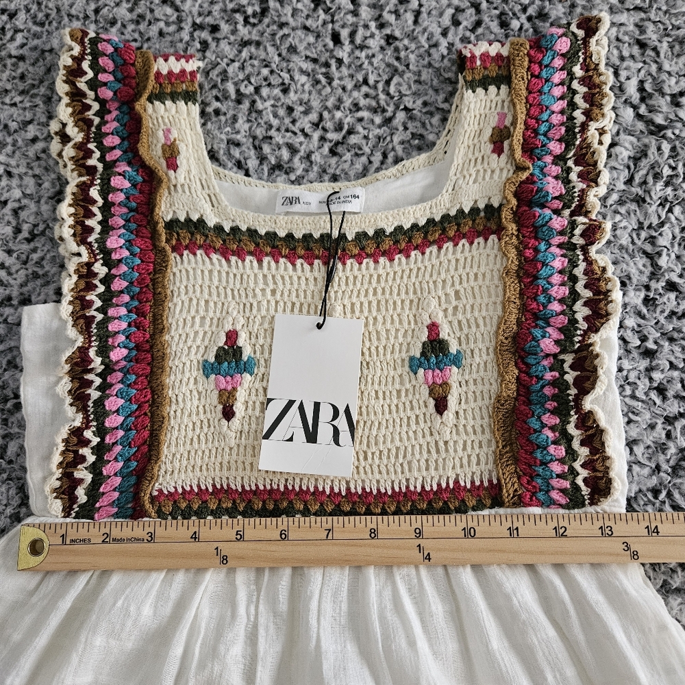 Zara Girls Crochet Dress Size 13-14 L White Cream Sleeveless Cotton Summer Boho - Picture 9 of 10